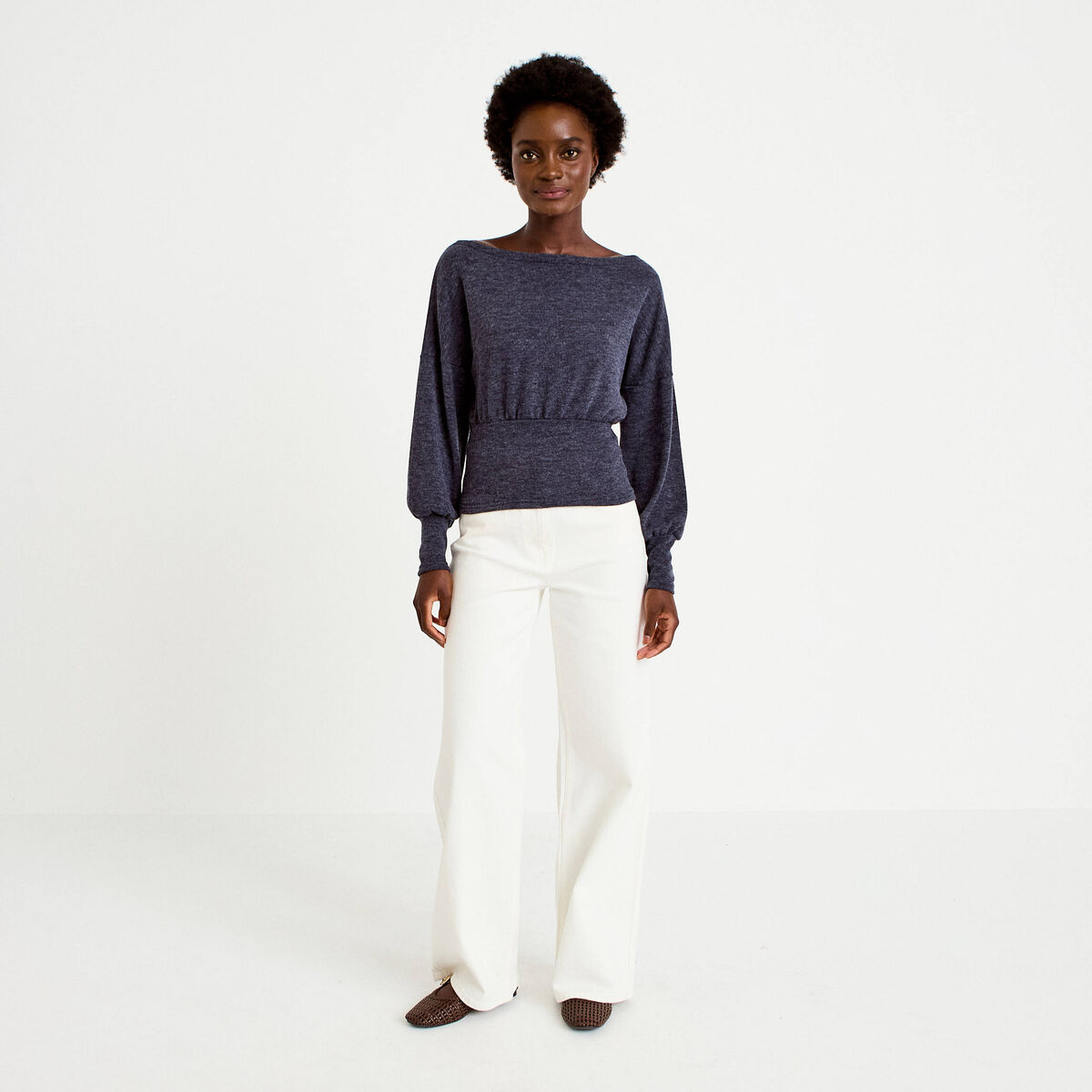 Pull col bateau manches longues bleu marine femme