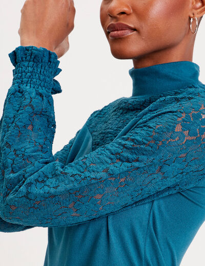 T-shirt col montant dentelle bleu canard femme