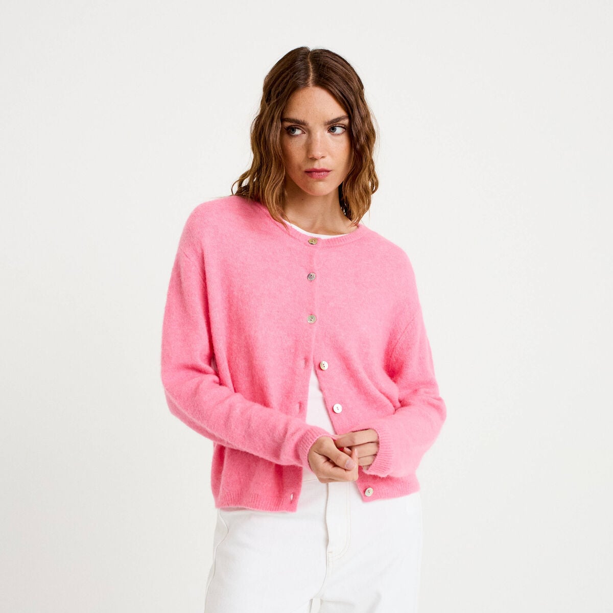 Gilet manches longues rose vif femme