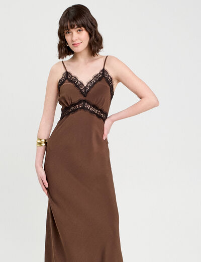 Robe longue ajustée dentelle marron foncé femme
