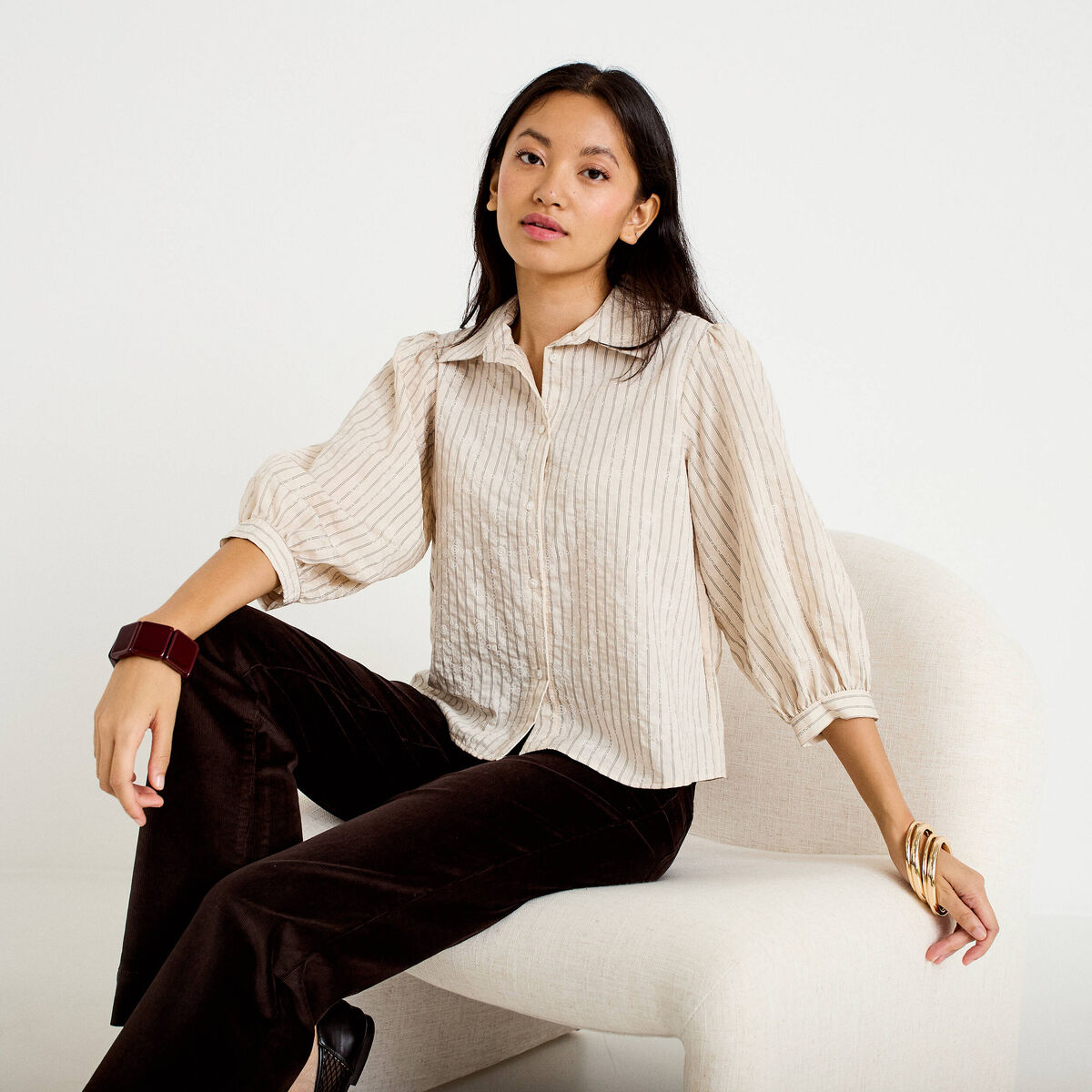 Chemise droite col classique manches 3/4 blanc femme