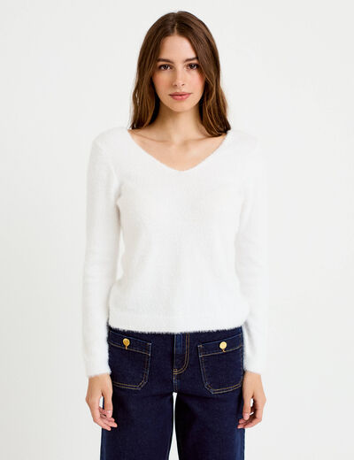 Pull col v manches longues perles ecru femme