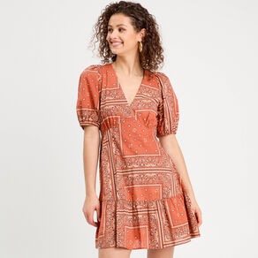 Robe évasée manches ballons terracotta femme
