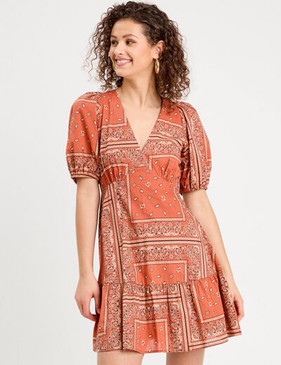 Robe évasée manches ballons terracotta femme