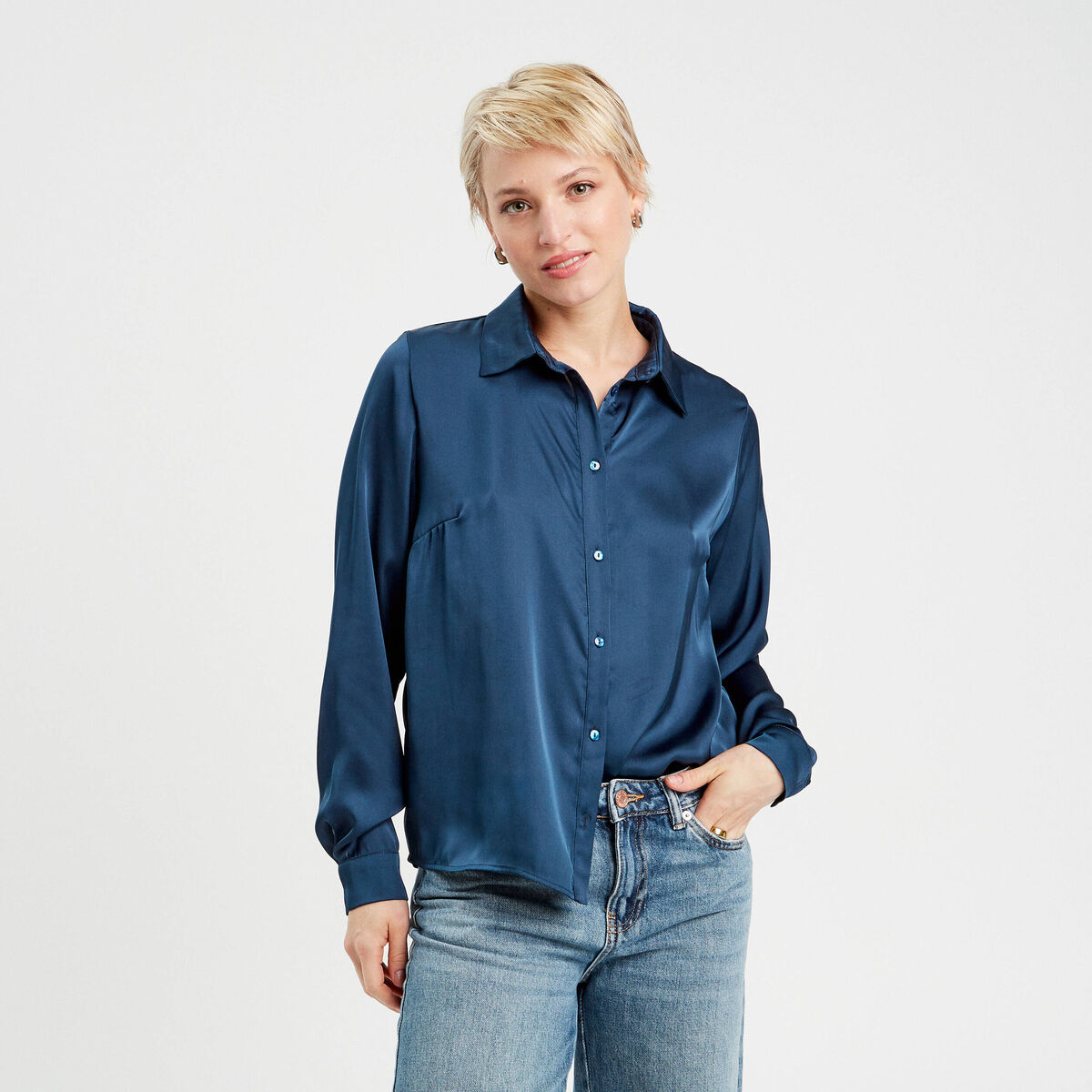 Chemise manches longues satin bleu marine femme