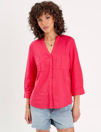 Chemise manches 3/4 contenant du lin rose vif femme
