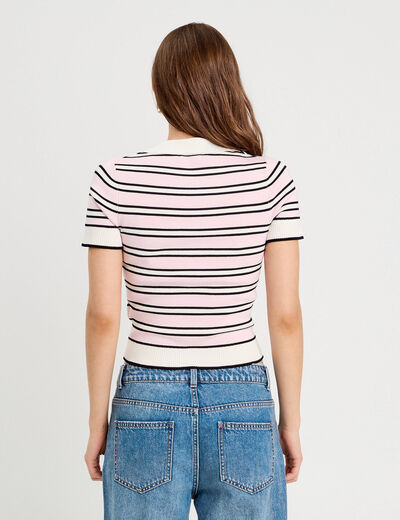 Pull manches courtes col polo rose femme