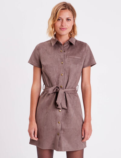 Robe droite ceinturée suédine taupe femme