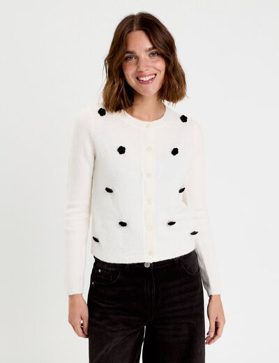Gilet fleurs en relief ecru femme