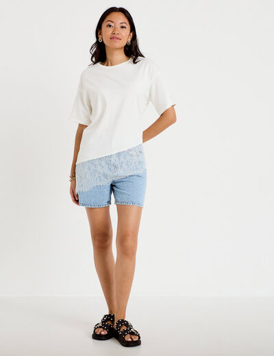 Short mom taille haute en jean strass denim triple stone femme