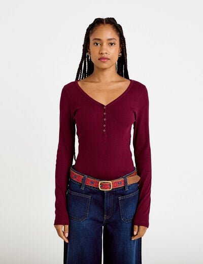 T-shirt c&ocirc;tel&eacute; ajust&eacute; manches longues bordeaux femme