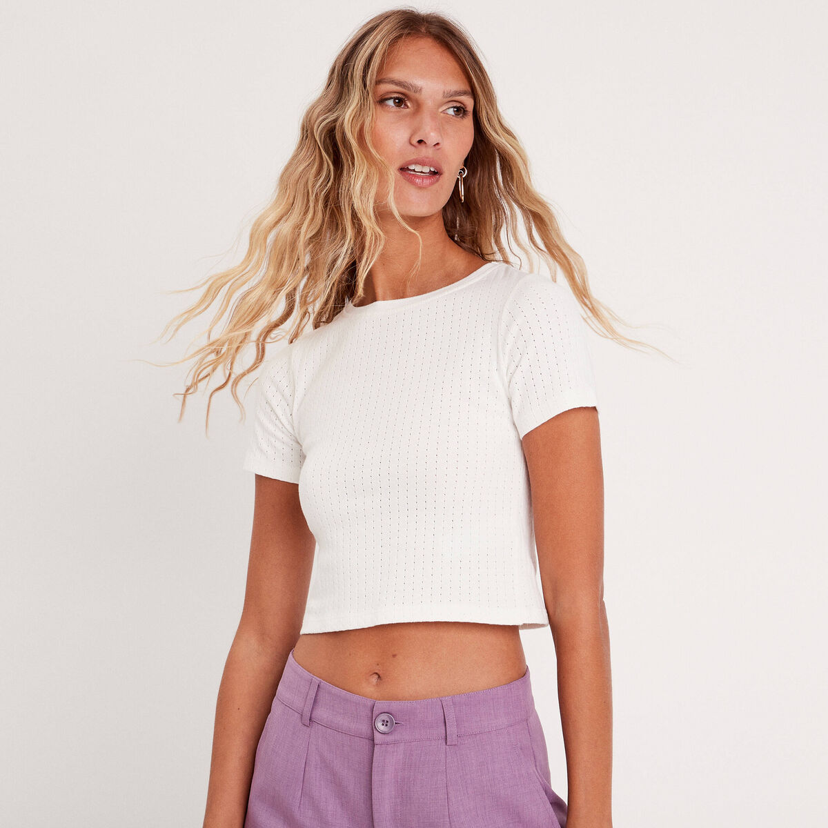 T-shirt cintré cropped ecru femme