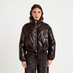 Doudoune cropped similicuir col montant marron fonc&eacute; femme