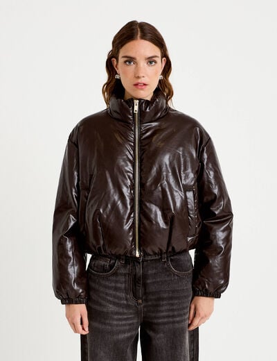 Doudoune cropped similicuir col montant marron fonc&eacute; femme