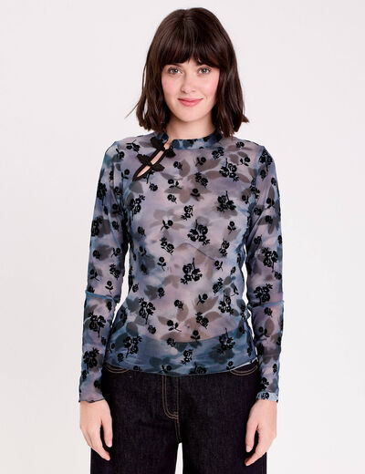 T-shirt col montant manches longues gris femme