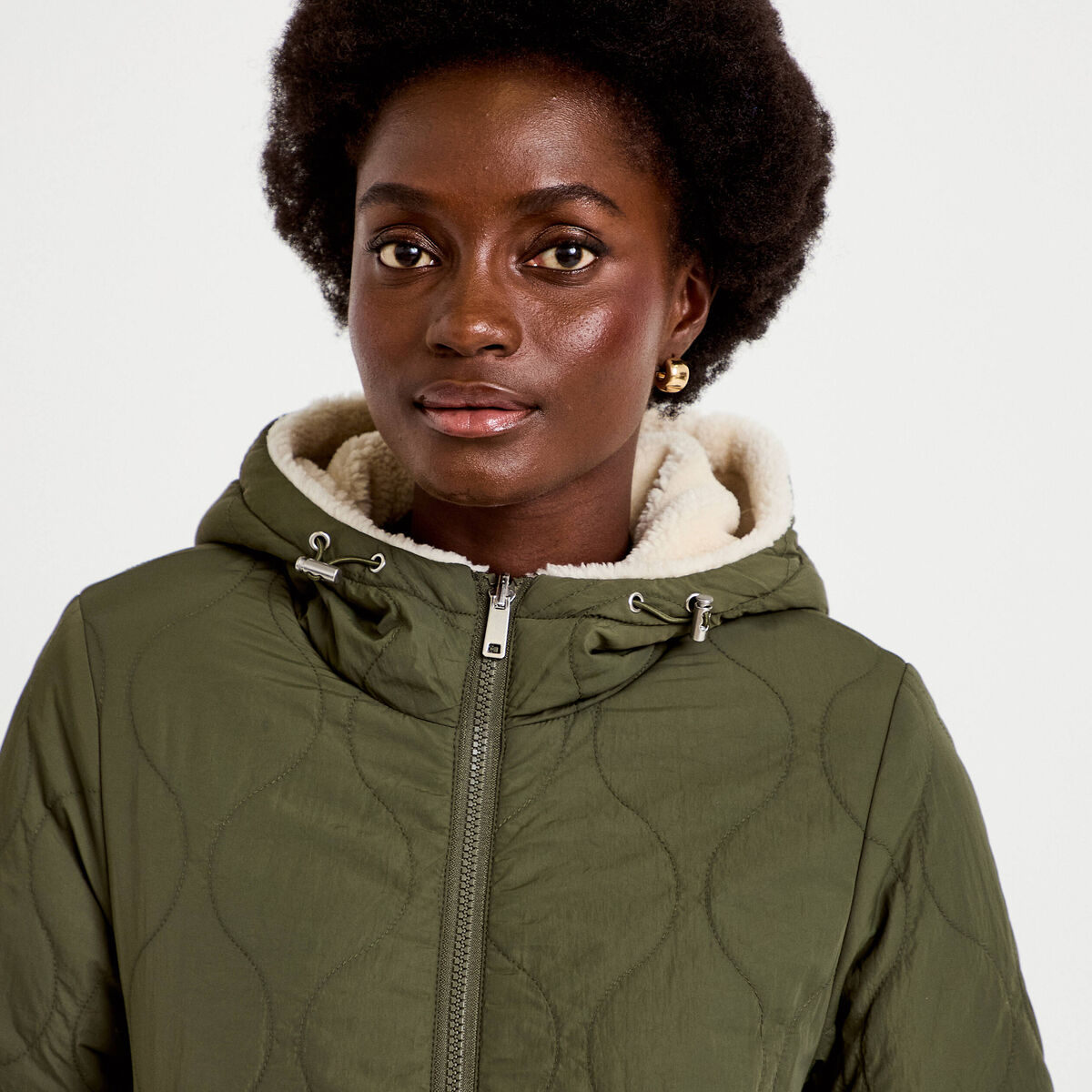 Parka r&eacute;versible effet polaire vert kaki femme