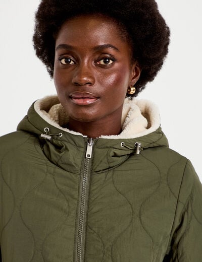Parka r&eacute;versible effet polaire vert kaki femme