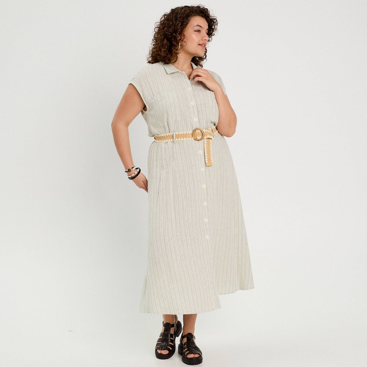 Robe chemise midi contenant du lin vert femme