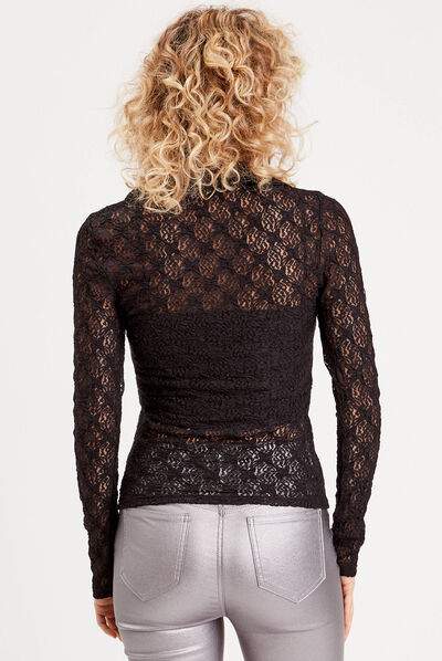 Chemise dentelle col polo noir femme