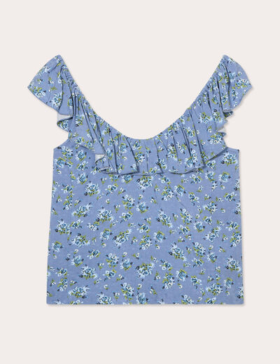 Blouse col volants bleu foncé femme