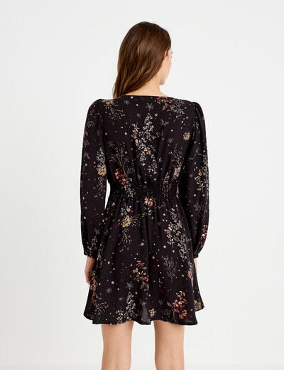 Robe courte &eacute;vas&eacute;e col v manches longues noir femme