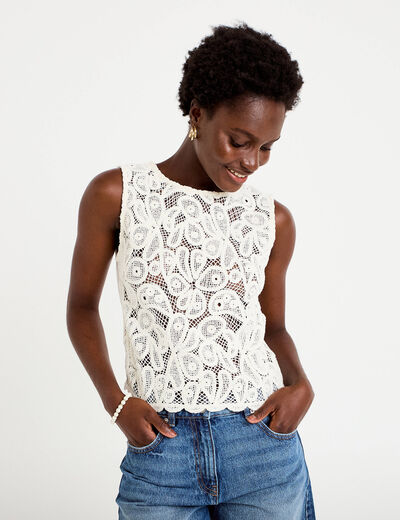 D&eacute;bardeur col rond aspect dentelle ecru femme