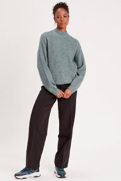 Pull col montant vert foncé femme