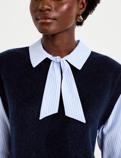 Pull fin 2-en-1 manches longues bleu marine femme