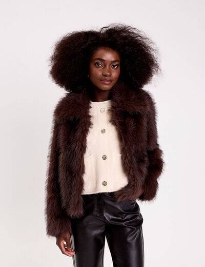Veste courte en fausse fourrure marron fonc&eacute; femme