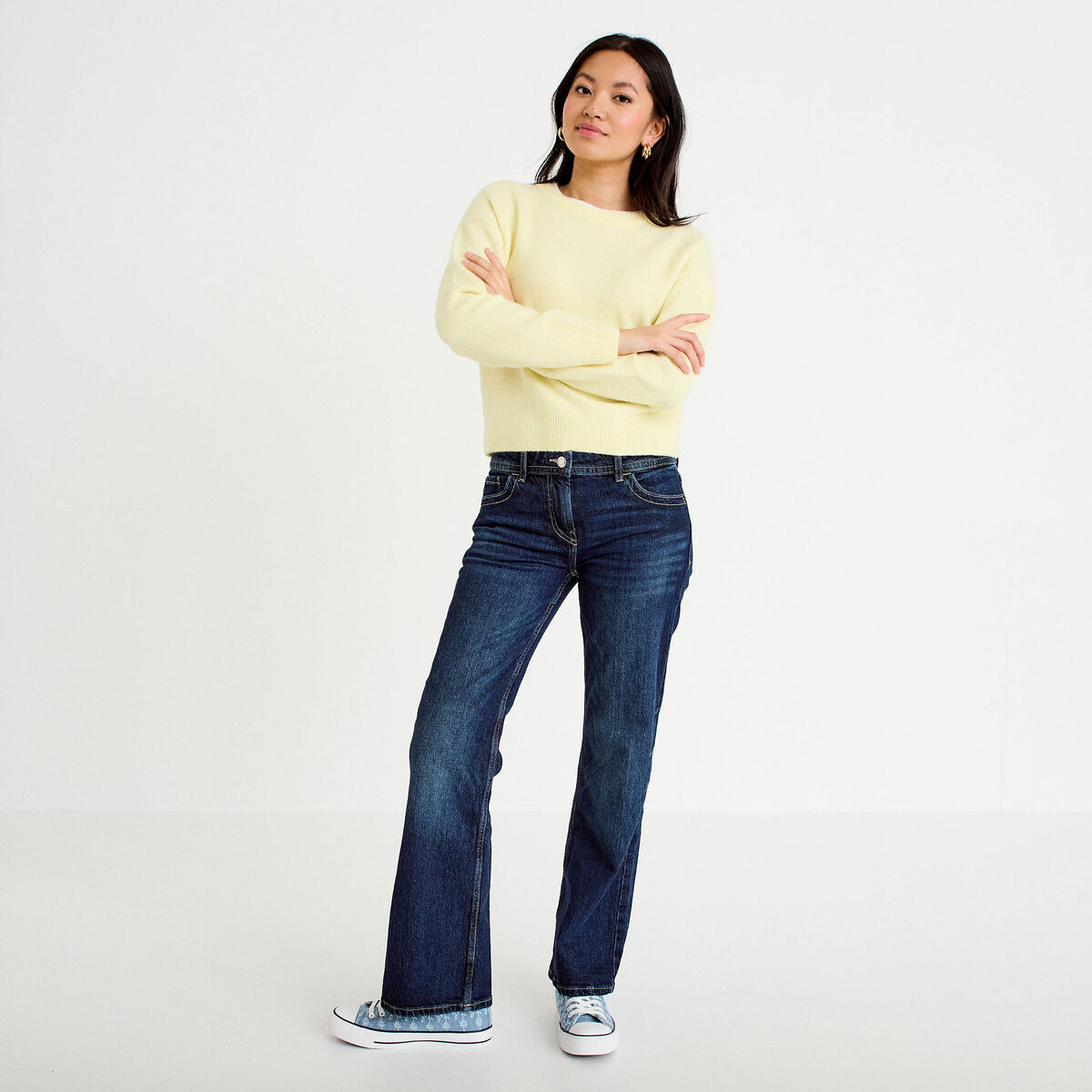 Pull col rond manches longues jaune clair femme