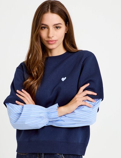 Sweat bi-mati&egrave;re manches longues bleu marine femme