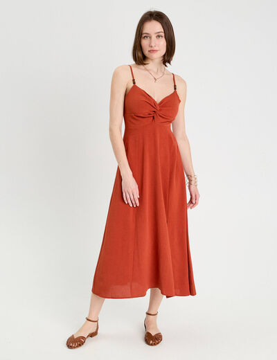 Robe longue évasée fendue orange foncé femme