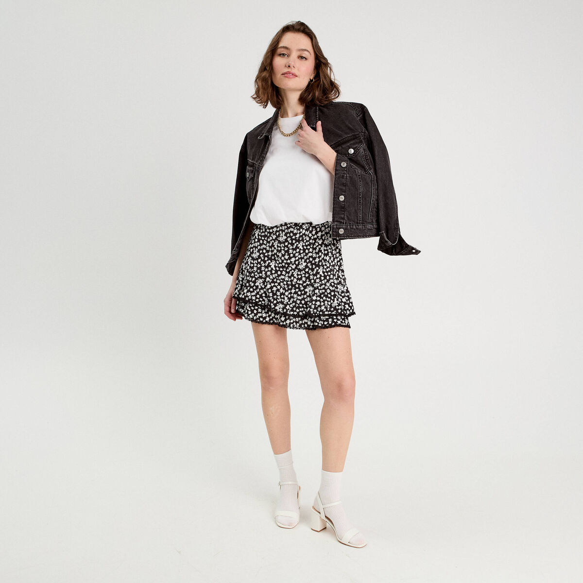 Jupe évasée avec volants noir femme