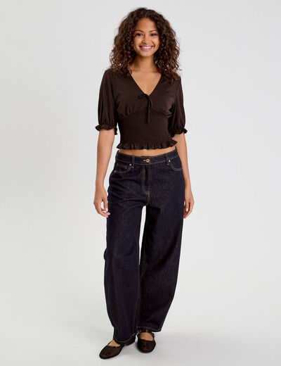 Blouse manches courtes smockée marron foncé femme