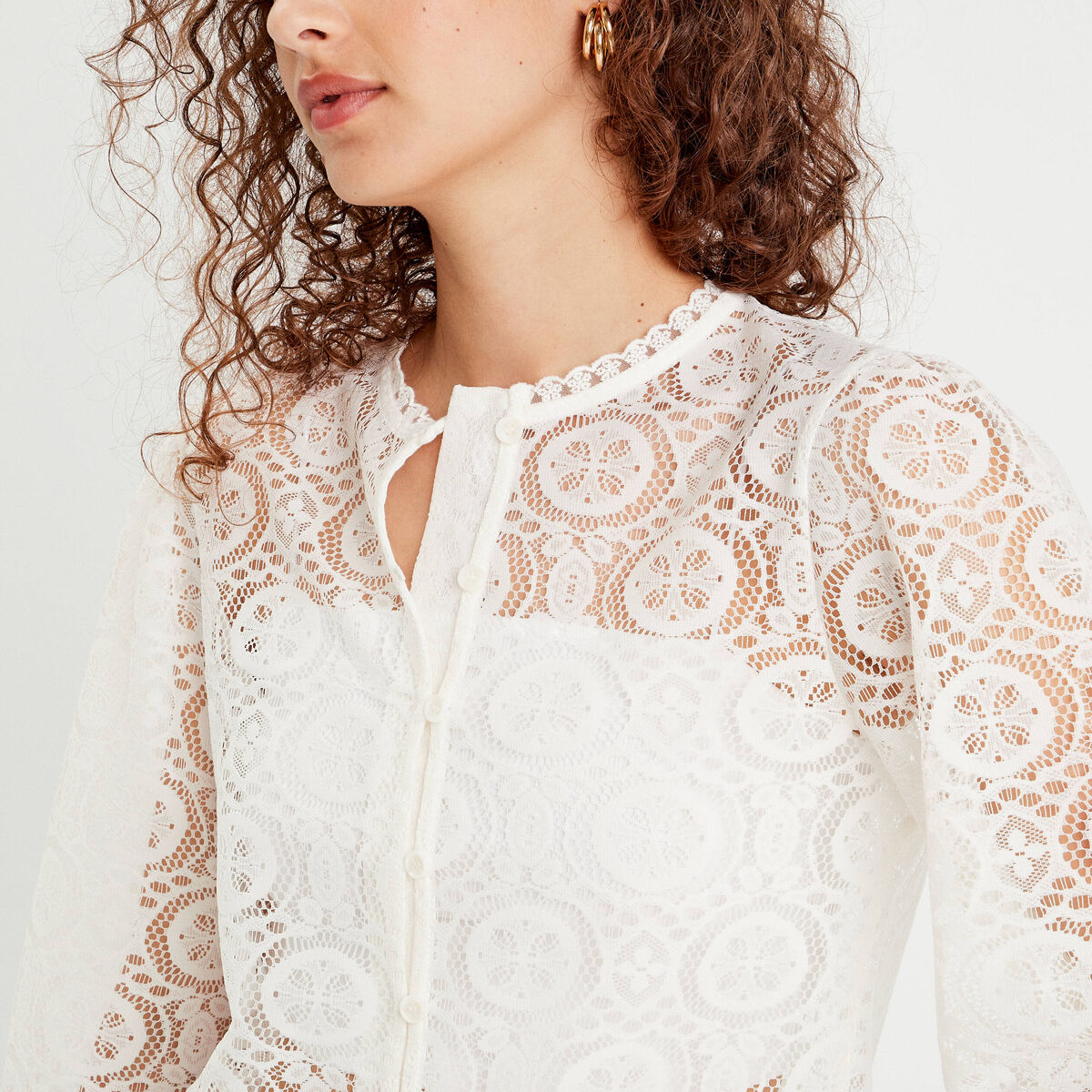 Blouse dentelle col montant ecru femme