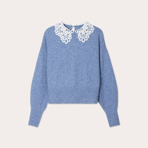 Pull col claudine dentelle bleu femme
