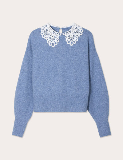 Pull col claudine dentelle bleu femme