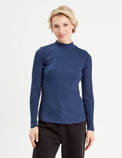 T-shirt manches longues côtelé bleu foncé femme