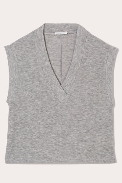 Pull sans manches col en V gris clair femme