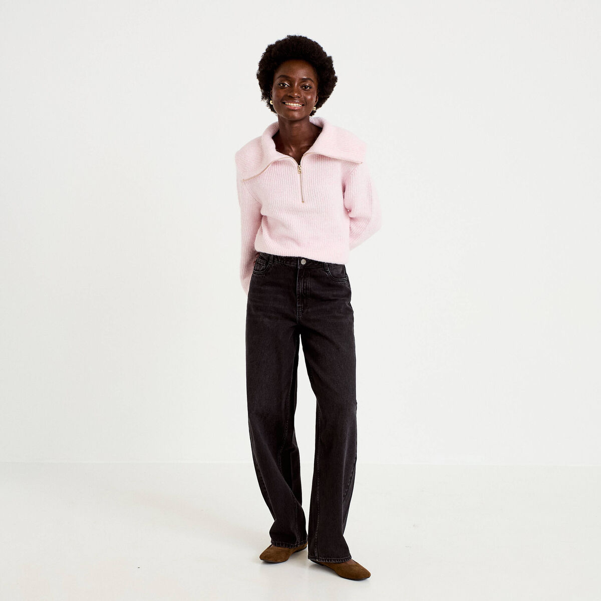 Pull col camionneur manches longues rose clair femme