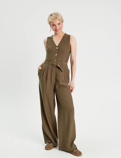 Combinaison pantalon ceinturée vert kaki femme