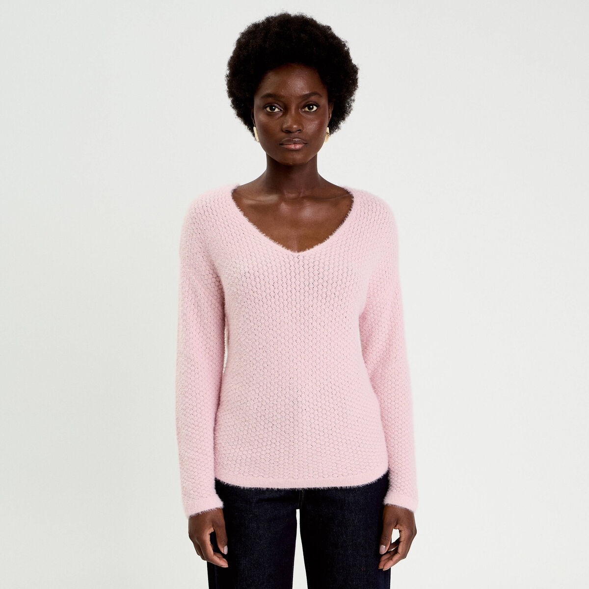 Pull col v manches longues rose pastel femme