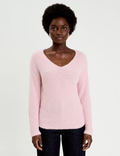 Pull col v manches longues rose pastel femme