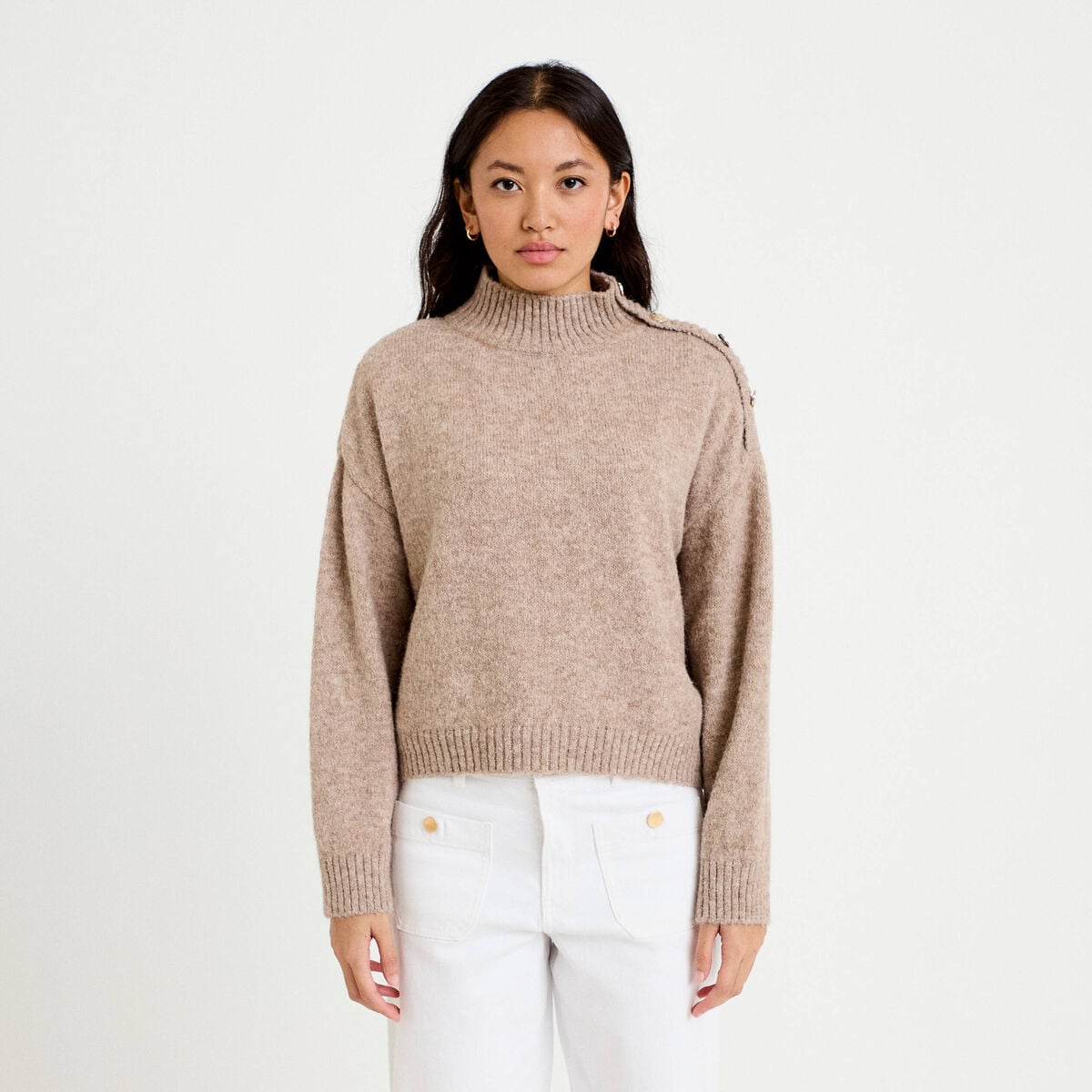 Pull col montant manches longues taupe femme