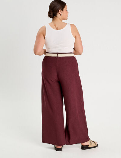 Pantalon large fluide ceinturé prune femme