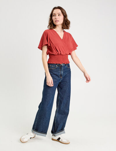 Blouse smockée manches courtes vieux rose femme