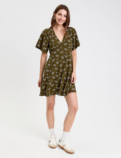 Robe évasée manches courtes vert kaki femme