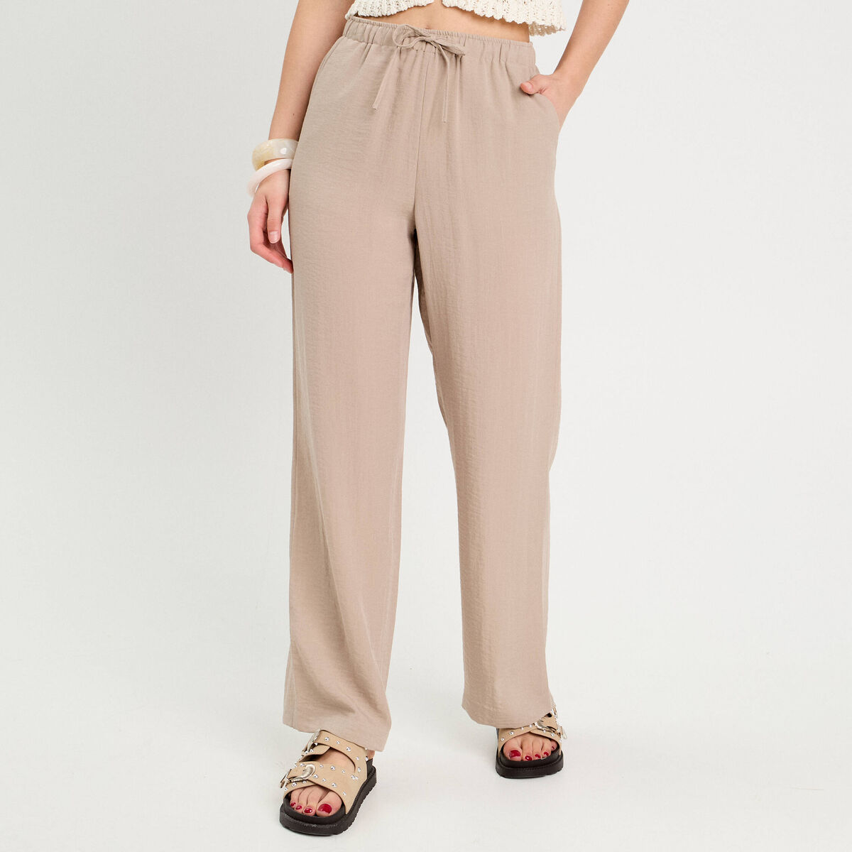 Pantalon large fluide beige femme