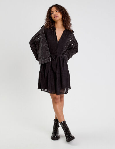 Robe chemise évasée ceinturée noir femme