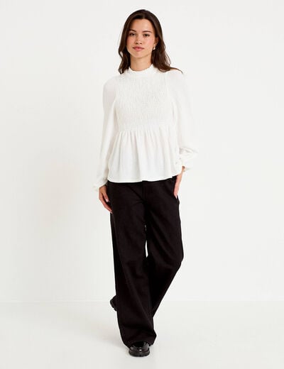 Blouse droite manches longues pliss&eacute;e ecru femme